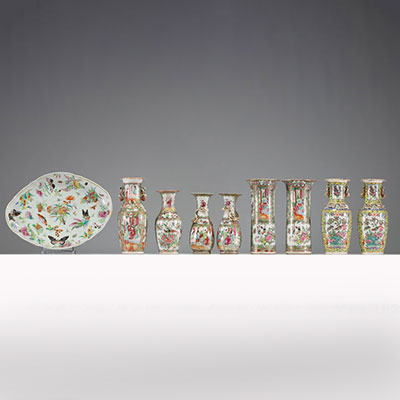 China - Set of eight vases and a dish in Canton porcelain, 19th century.