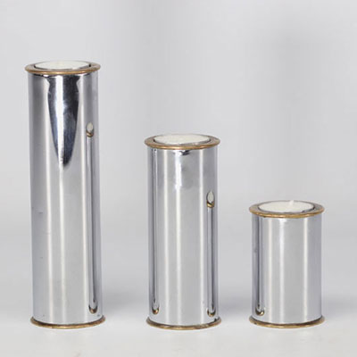 (3) Staffan ENGLESSON (20th century) suite of 3 cylindrical candlesticks in brass and steel circa 1950