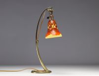 Art Nouveau bronze lamp with acid-etched tulip 