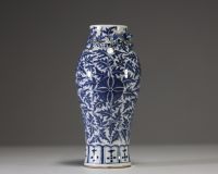 Chine - Vase en porcelaine blanc bleu à décor de fleurs et rinceaux feuillagées, chilong en relief sur l'épaulement, XIXème.