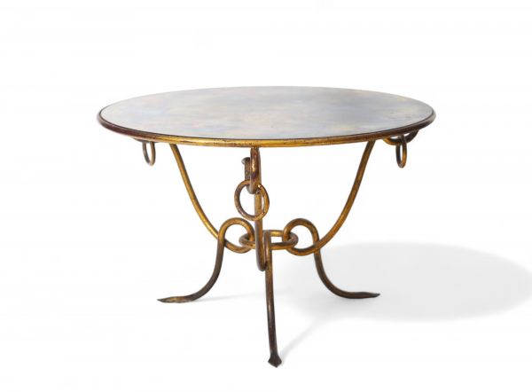 René DROUET (1899-1993) Coffee table, base in wrought iron, top in oxidised mirrored glass.