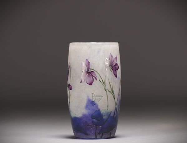 DAUM Nancy - Small enamelled multi-layered glass vase with violets design, signed.