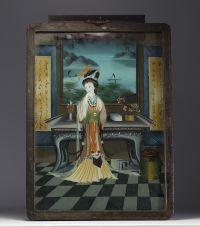 Japon - Peinture en fixé sous verre représentant une élégante, époque fin XIXème.