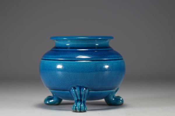 Pol CHAMBOST (1906-1983) Blue glazed ceramic tripod vase, signed underneath.