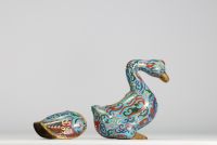 China - A pair of bronze and cloisonné enamelled duck incense burners, 19th-20th century.