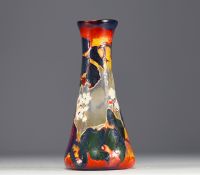 Val Saint Lambert by Henri and Désiré MULLER - Rare doubled and devitrified glass vase, acid-etched with mulberry decoration, signed at the base in the decoration.