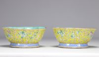 Pair of Famille Rose porcelain bowls decorated with flowers on a yellow background from 19th century