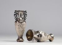 Pair of solid silver vases decorated with bamboo and flowers, l Chinese hallmarks