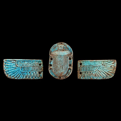 Egyptian ornaments, body and wings of a scarab in blue earthenware, probably from late Egypt.