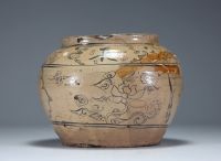China - Large cream-glazed stoneware vase from Sizhou, several marks on the underside.