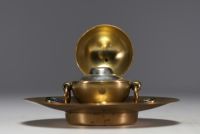 Italy - Bronze inkwell with floral decoration and stone marquetry, circa 1900.