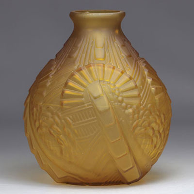 Art Deco satin ocher ball vase with geometric patterns