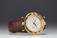 OMEGA Constellation Day-Date, montre homme en or jaune 18k yellow, quartz, bracelet cuir, vers 1985.