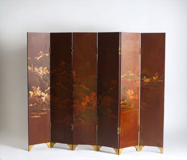 Japan - Lacquer screen with landscape and calligraphic poem, circa 1920-30