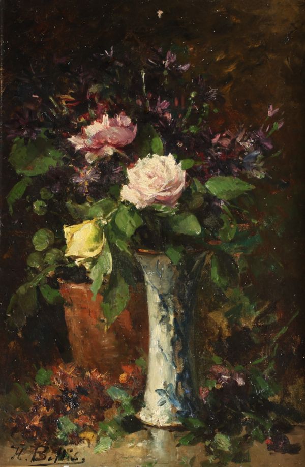 Hubert BELLIS (1831-1902) “Nature morte aux bouquet de fleurs” Oil on canvas, 19th century, signed.