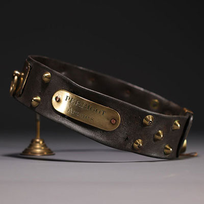 Rare leather and stud dog collar with brass nameplate, 19th century.