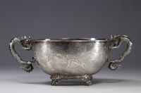 Hung Chong & Cie, large solid silver bowl with engraved landscape decoration, dragon-shaped handles, over 100 years old