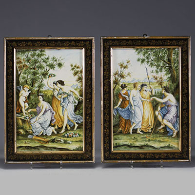 Pair of Castelli earthenware plaques with polychrome decoration of antique scenes, Italy, 18th century. Italian 18th century
