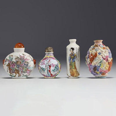 China - Set of four snuffboxes, three in polychrome porcelain and one in cloisonné enamel.