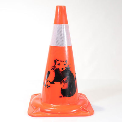 BANKSY (after) Stencil on construction cone block Signed lower right 