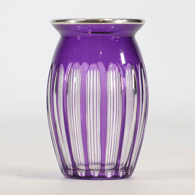 Val Saint Lambert mauve cut vase with silver neck