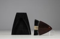 Laurids LONBORG (XX) Wooden crumb tray, fish head marquetry, circa 1960.