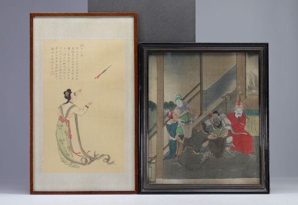 Set of two paintings under glass with Chinese characters