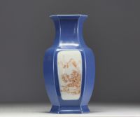 China - Famille rose porcelain vase with a lavender-blue background decorated with a cartouche figure, apocryphal Qianlong mark, Republic period.