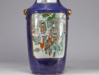 Large pair of blue powdered porcelain vases decorated with scenes of life from the 19th century