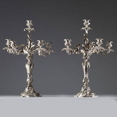 A pair of Louis XV style silver-plated bronze candelabras, 19th century.