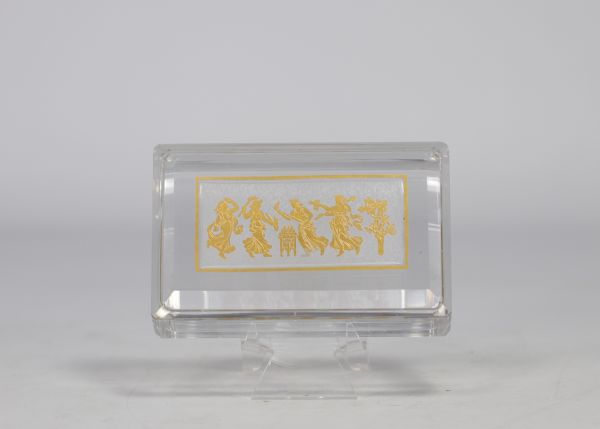 Val Saint Lambert transparent covered box with ormolu figures 