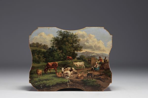 Gérard Antoine CREHAY (1844-1936) Spa wooden case decorated with cows and peasants, signed.