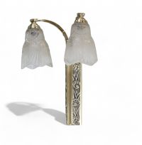 J. ROBERT (XIX-XX) Pair of Art Deco double sconces, pressed moulded glass globes and silvered bronze mounts with stylised decoration, unsigned.