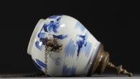 China - Blue and white porcelain vase with landscape design, mounted in a 