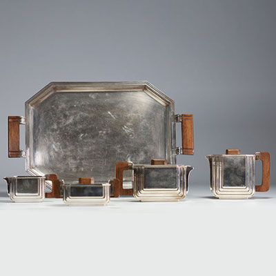 D'ARGENTAL - Art deco coffee service in silver-plated metal and wood, hallmarked.