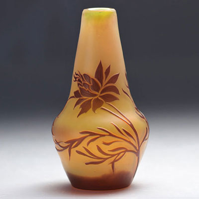 Devez acid-etched vase decorated with red flowers on an orange background