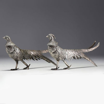 Pair of solid silver pheasants, circa 1930-40.