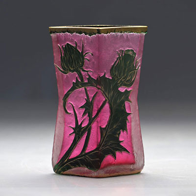 Daum Nancy acid-etched vase decorated with thistles on a pink background