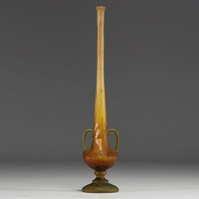 DAUM Nancy - Multilayered acid-etched glass soliflore vase, applied handles, frésias design.
