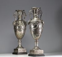 Imposing pair of Louis XVI chased and repoussé silver vases, hallmarks of Paris, 18th century.