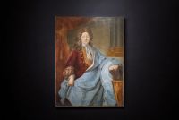 Imposant portrait de noble, huile sur toile d'époque fin XVII début XVIIIème, étiquette au dos 