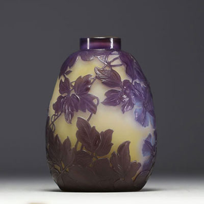 Émile GALLÉ (1846-1904) Acid-etched multi-layered glass blown vase with floral design, signed.