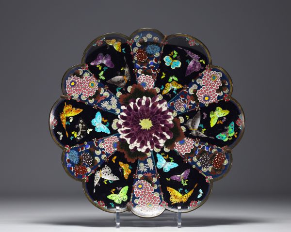 Japan - Cloisonné enamel dish decorated with flowers and butterflies on a black background, Meiji.