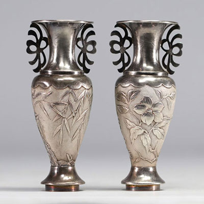 Pair of solid silver vases decorated with bamboo and flowers, l Chinese hallmarks