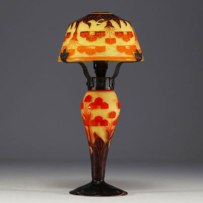 Le Verre Français - Multilayered acid-etched glass lamp decorated with Yucca flowers, signed on the base.