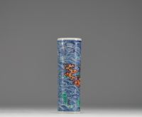 China - Small polychrome porcelain scroll vase decorated with a traditional house, waves and birds, blue mark, 19th century.