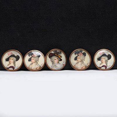 Set of five buttons, miniature painting on brass mount, 18th-19th century.