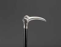 Art Nouveau silver cane with Ibis head motif, glass eyes, hallmark 800.