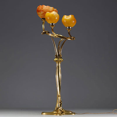 Louis MAJORELLE (1859-1926) ‘Magnolias’ Rare ormolu plant-shaped torch lamp with Daum Nancy glass wicks.