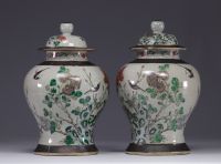 China, pair of covered vases in green family porcelain, Nanjing, late 19th century